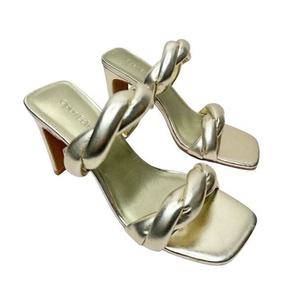 Open Edit Sandals Size 6.5 Gold Metallic Twisted Double Strap‎ Slip On Heels - Picture 2 of 9